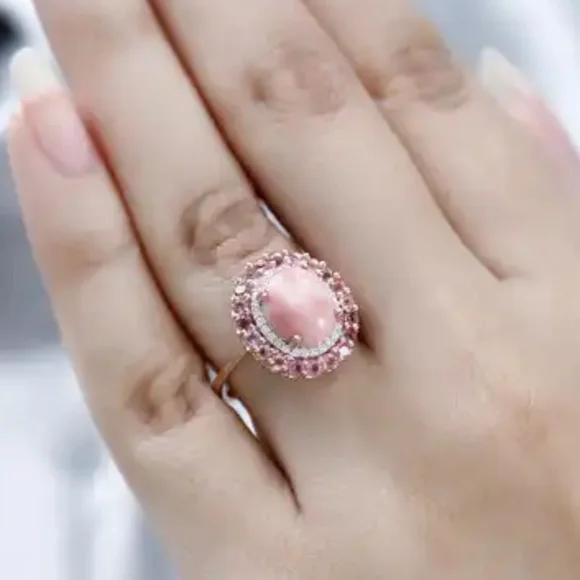 Host Pick NWOT Oregon Sunrise Peach Opal and Pink Tourmaline Double Halo Ring - Picture 3 of 7